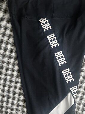 Bebe Sport Black & White Repeat Logo Taping Mesh Panel Capri Workout Leggings